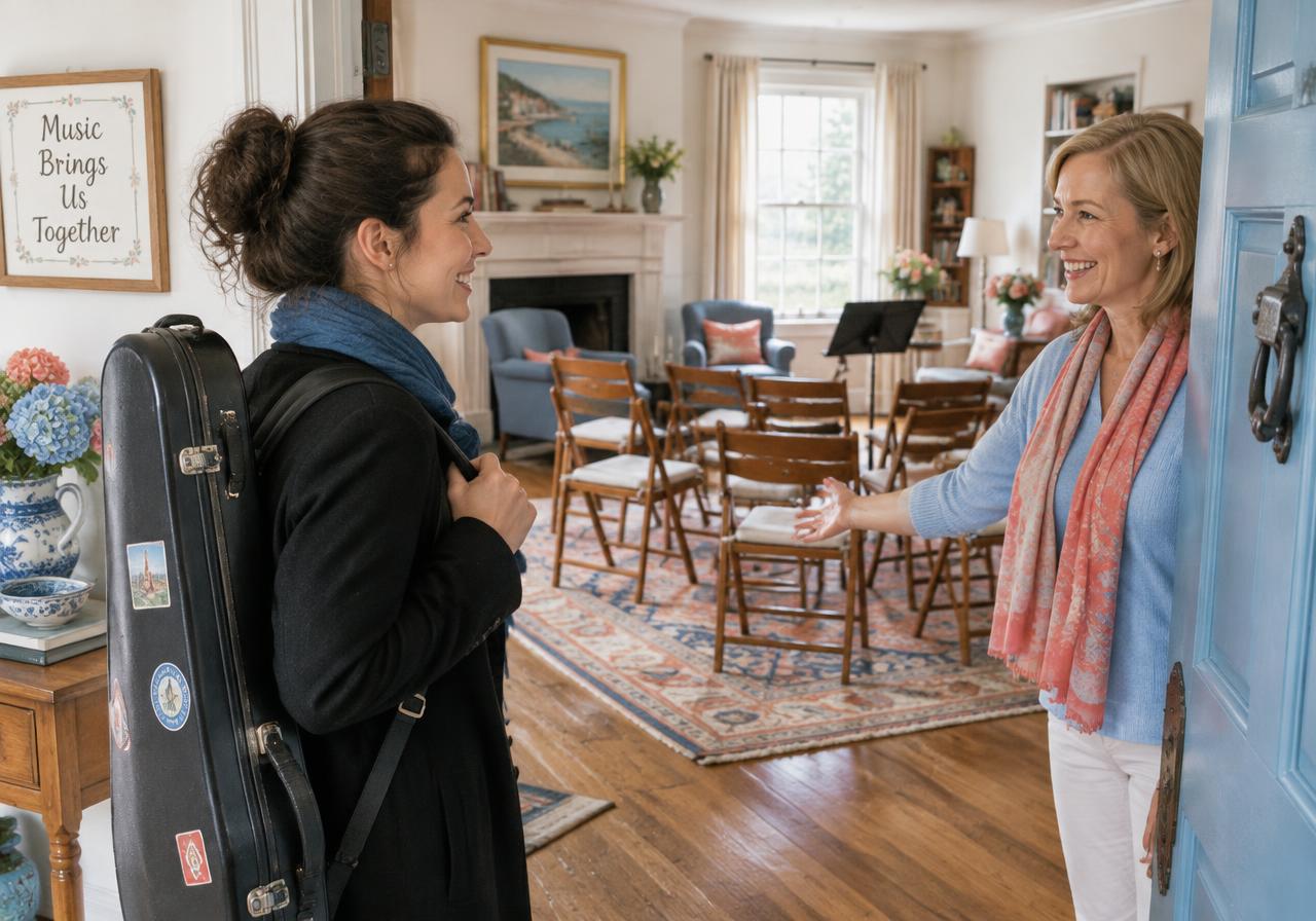 A touring violinist welcomed by a host into a living room set up for a house concert.