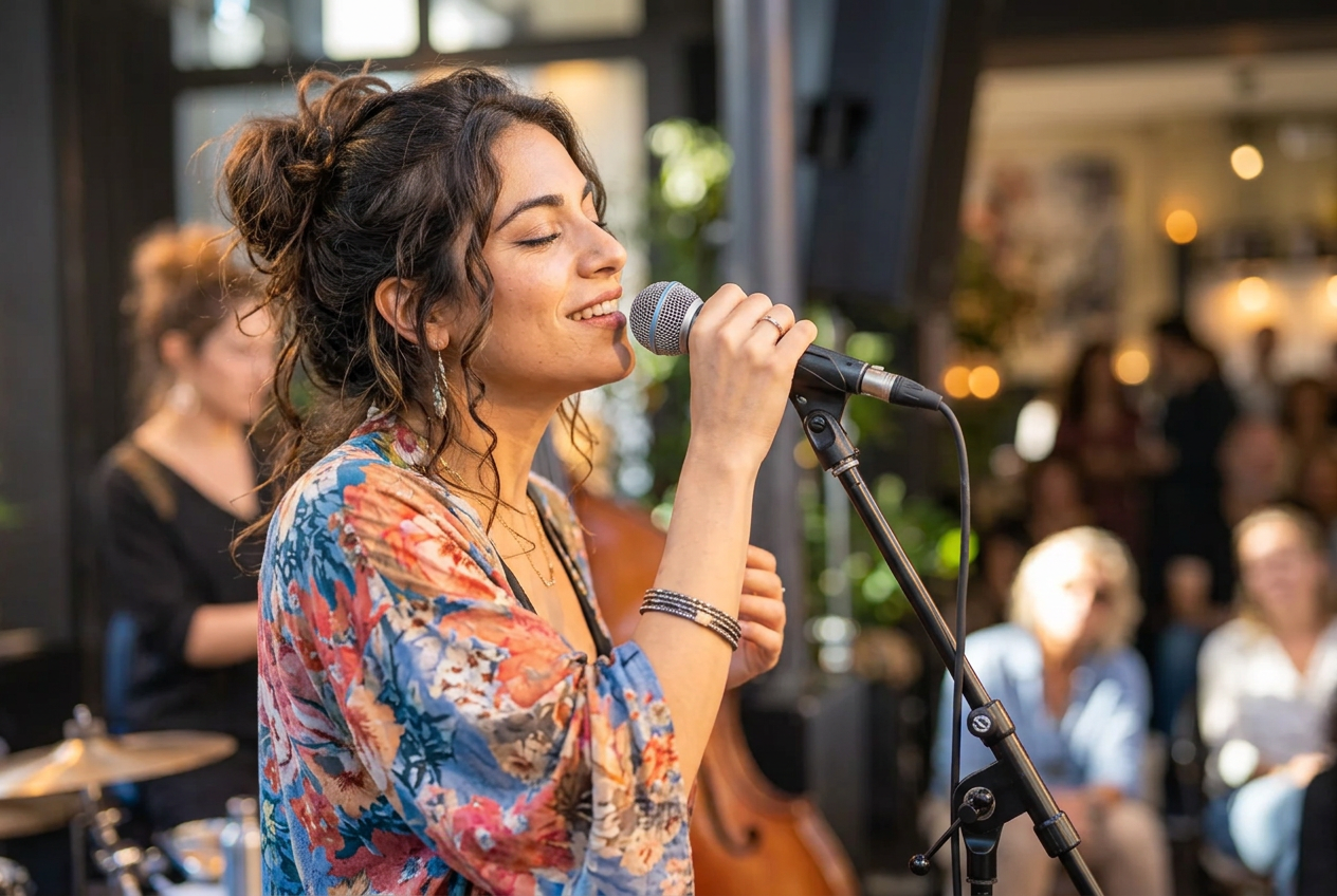 A singer performing for a small audience