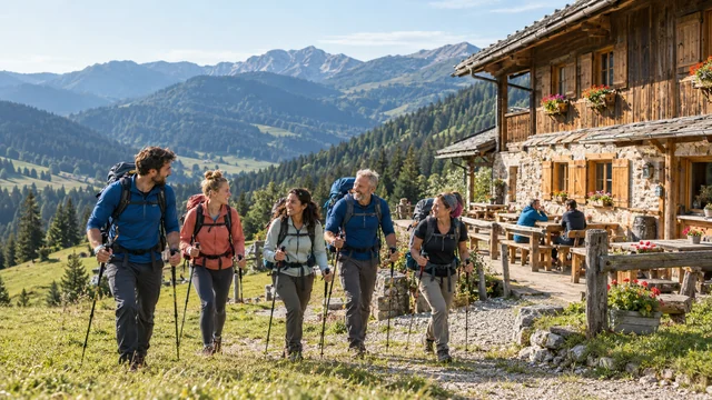 A group of hikers with overnight backpacks walking near a mountain guesthouse.